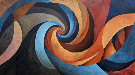 an abstract oil painting background with spirals and orange, blue, and brown hues