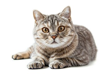 Portrait of a silver tabby British shorthair cat looking at the camera isolated on a white background