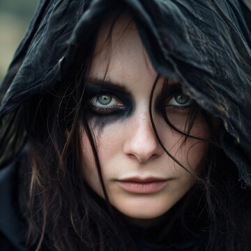 a woman with black makeup and black hood