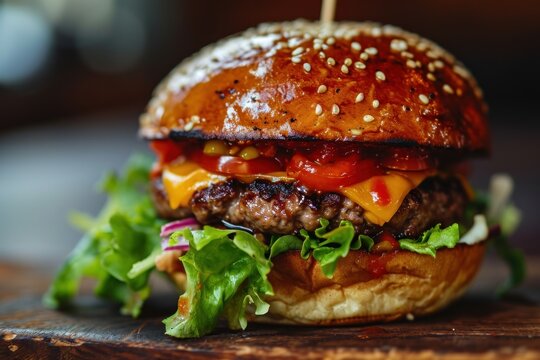a close up of a burger