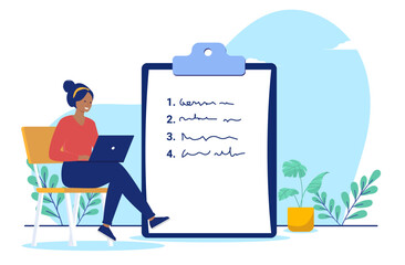 Woman taking notes and making list - Person sitting in chair with laptop computer in front of big clipboard writing and working. Flat design vector illustration with white background