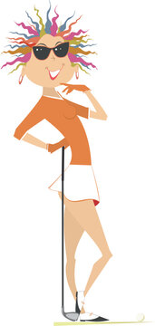 Golfer woman on the golf course. 
Golf course. Cartoon young golfer woman in sunglasses aiming to do a good shot. Thinking young golfer woman
