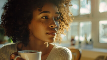 A woman enjoying a hot drink in a café.