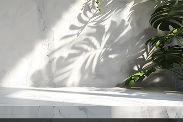 Modern minimal empty white marble stone counter table top, in sunlight, palm foliage leaf shadow on concrete wall background for luxury organic cosmetic, skin care, beauty treatment product display 3D