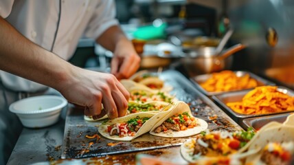 chef preparing Smash Burger Tacos in a bustling kitchen, showcasing the culinary creativity behind this fusion dish