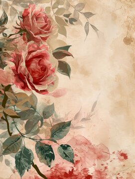 a painting of roses and leaves
