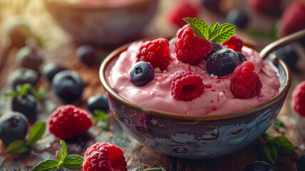 Yogurt parfait with blueberries and raspberries.
