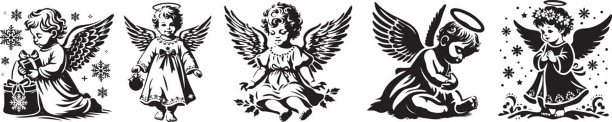 little angels black and white vector set, retro vintage laser cutting engraving