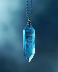 a blue crystal necklace on a chain