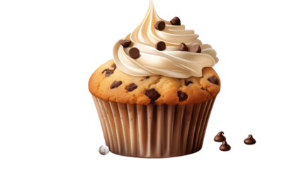 Chocolate chip muffin cake isolated on transparent a white background