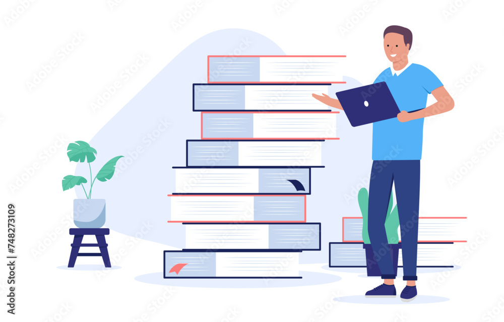 Leinwandbilder man with large stack of books - person holding computer laptop reading, learning and education himse