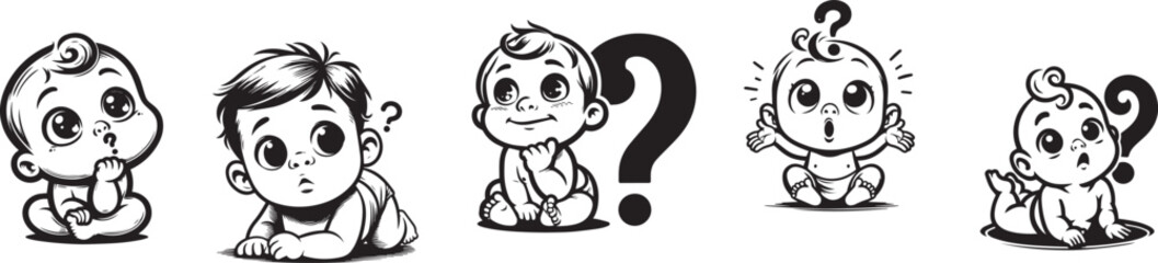 funny kids with question marks, black and white vector graphics