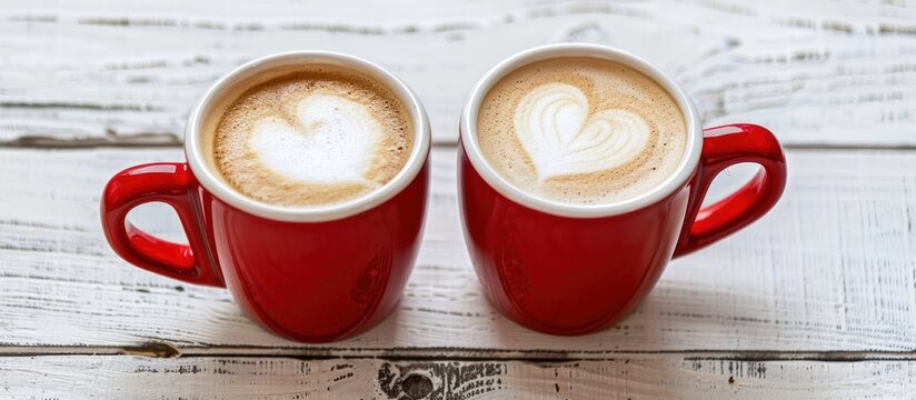 red mugs of coffee with heart shapes made out of cream on top