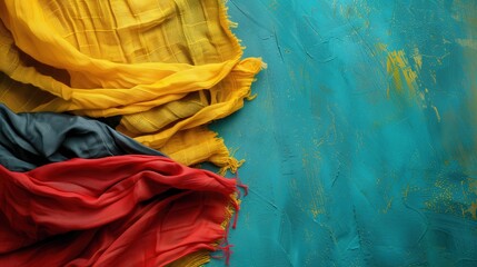 Colorful Thrift Store Fabrics on Blue Background: Fashion Designer Advert