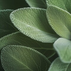Closeup of fresh sage leaves. Natural background. Selective focus. Close up of fresh green sage leaves. Natural background. Top view. A close-up photograph capturing the velvety texture.