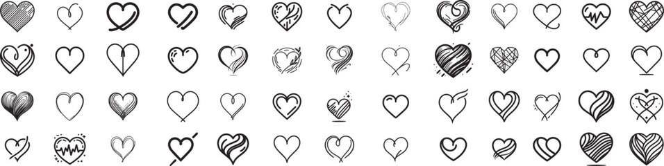 hearts doodle style, collection set, hand drawing one line laser cutting engraving