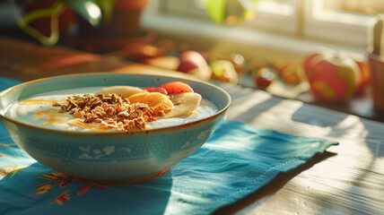 Sweet and healthy oatmeal breakfast with fruit.