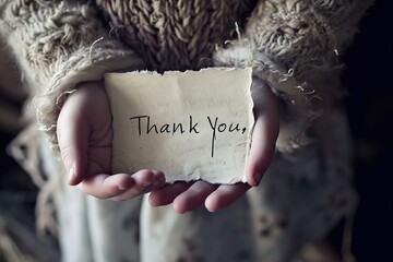 Hands of a child holding a card with thank you message. A close-up photograph of a child's hand holding a handwritten note that says 