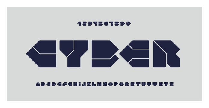 Cyber font. Futuristic cyberpunk alphabet for technology, logo, advertising, music, game. Tech vector typography. Techno style. Digital circuit board design. Geometric bold letters and numbers.