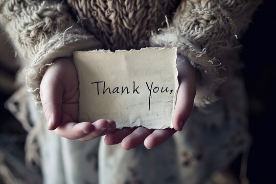 Hands of a child holding a card with thank you message. A close-up photograph of a child's hand holding a handwritten note that says "Thank You," emphasizing the simplicity and sincerity of gratitude.