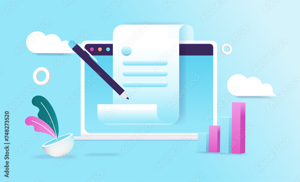 Poster digital contract signature - vector illustration of computer screen with pen signing digital documen