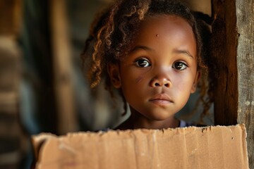 a child looking out of a cardboard box - obrazy, fototapety, plakaty