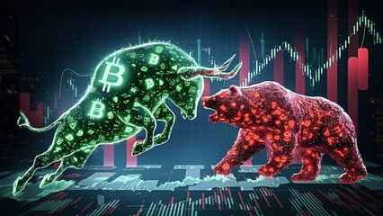 Cryptocurrency Market Battle: Bull and Bear Digital Art - obrazy, fototapety, plakaty