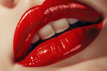 Sexy Red Lips close up. Beautiful Perfect Makeup. Beautiful red Lip Gloss. Cosmetic.mouth open, big lips. Cosmetic beauty procedures - obrazy, fototapety, plakaty