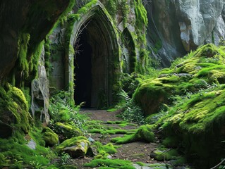 a stone archway with moss growing on the side of a rock wall