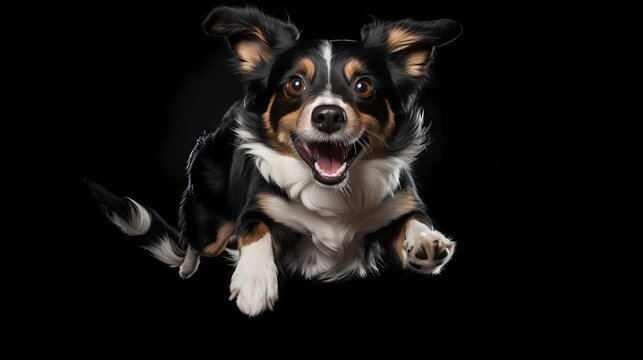 Funny dog in jump. jumping puppy. shocked surprised playful doggy or pet isolated on black background. crazy dog headshot smiling on black background with copy.