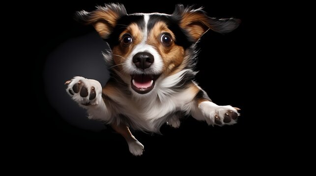 Funny dog in jump. jumping puppy. shocked surprised playful doggy or pet isolated on black background. crazy dog headshot smiling on black background with copy.