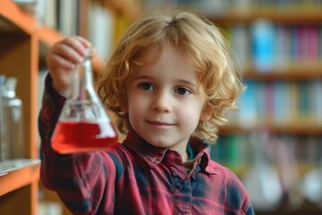 a child holding a flask with red liquid