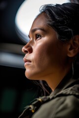 a woman looking up to the side