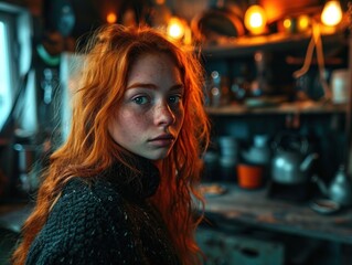 Fototapeta premium a woman with red hair in a kitchen