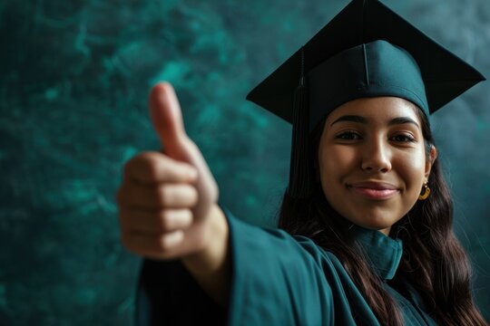 a woman in a graduation gown giving a thumbs up