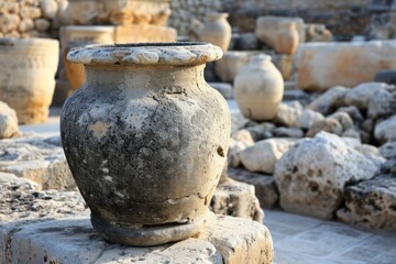 a large stone pot on a pile of rocks