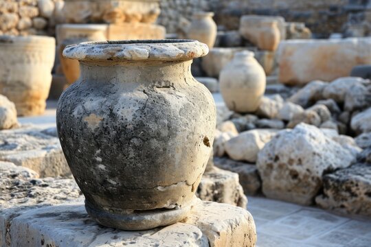 a large stone pot on a pile of rocks