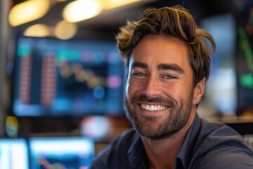 Obraz premium A laughing forex Trader facing the camera looks straight into the camera