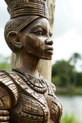 a wood carving of a woman