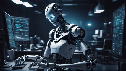 Fototapeta premium AI technology concept, humanoid robot work in a futuristic office, generative AI