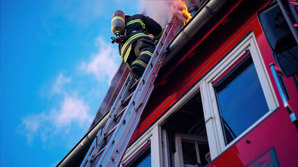 A firefighter climbs the stairs through the window of a burning house