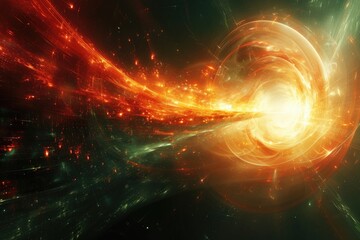 A vibrant red and golden vortex swirls through the vastness of the universe, surrounded by twinkling stars and illuminated by the ethereal glow of a distant nebula - obrazy, fototapety, plakaty