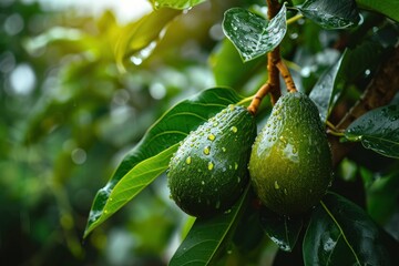 a pair of avocados on a tree