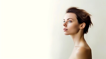 Fototapeta premium Young woman with brown hair and blue eyes looking away with a soft expression. Studio shot on white background. Woman in white tank top, hair in ponytail, gazing thoughtfully off-camera.