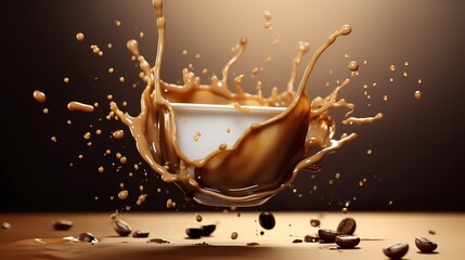 Splash of liquid coffee with coffee beans falling in motion isolated on white flat background. Coffee flavor template.