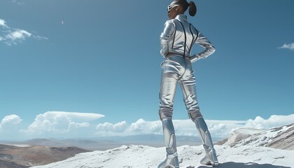 woman wearing futuristic silver outfit hip hop music dancer standing and posing on top of mountain 