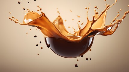 Splash of liquid coffee with coffee beans falling in motion isolated on white flat background. Coffee flavor template. - obrazy, fototapety, plakaty