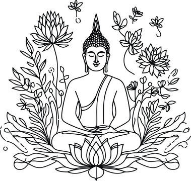 buddha meditation in continuous line drawing minimalist, simplicity contour, 