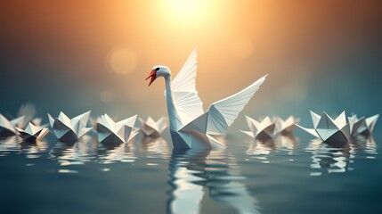 Innovative thinker concept and new idea thinking as a symbol of revolutionary innovation and inspiration metaphor as a group of paper swans and a game changer origami bird in flight. - obrazy, fototapety, plakaty