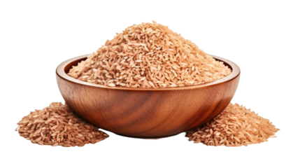 Pile of brown rice, brown rice in a wooden bowl isolated on transparent a white background 